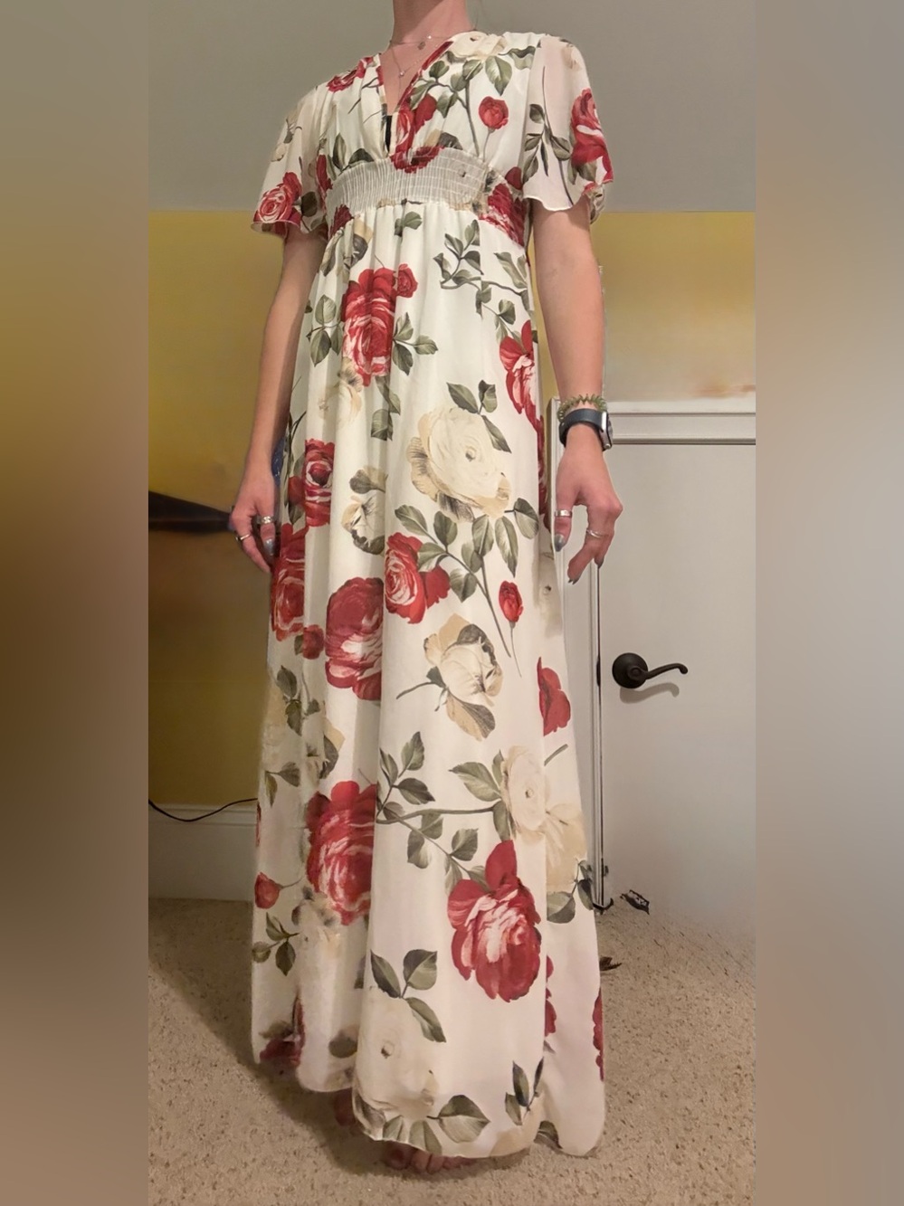 Artisan Ivory Maxi Dress with Red & Cream Floral Print